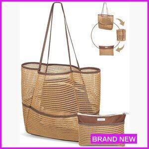 Mesh Tote Bag Packable Lightweight Foldable Beach Bag with Multiple Pockets